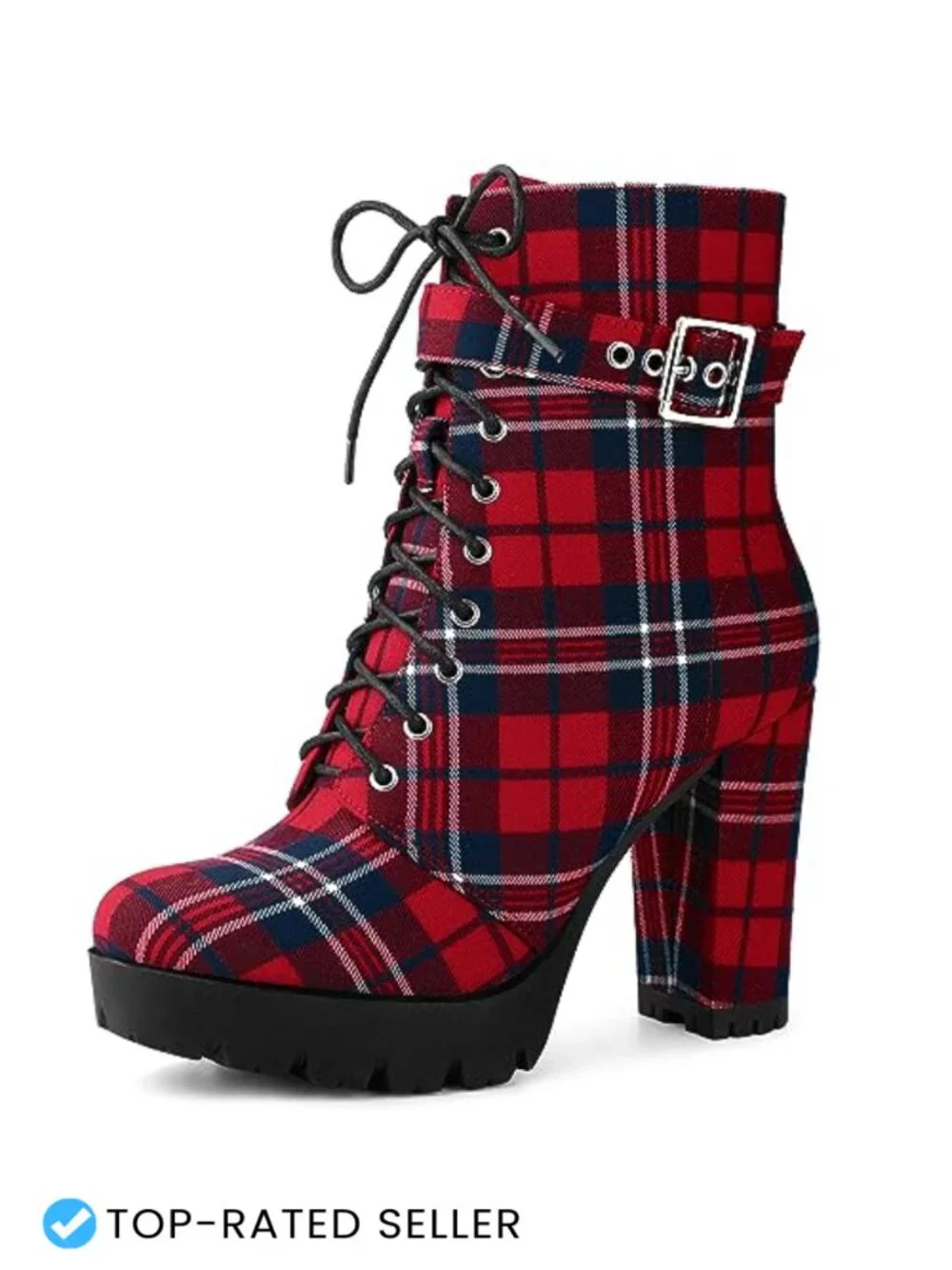 Plaid Ankle Combat Boots Chunky Heel Lace Up Platform